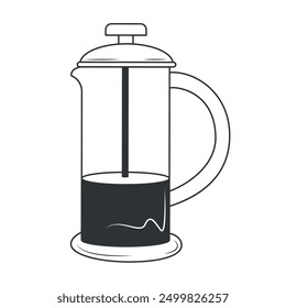 French press coffee maker in doodle style. A glass teapot is partially filled with liquid. Vector illustration.