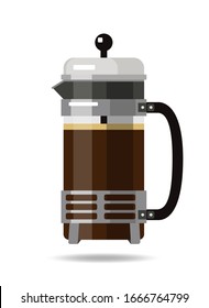 French press coffee maker - flat illustration. Design elements for coffee house and shop. Vector illustration isolated on white background. EPS 10