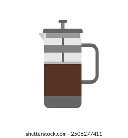 French press coffee maker flat design vector illustration isolated on white background. Coffee brewing method