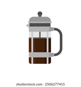 French press coffee maker flat design vector illustration isolated on white background. Coffee brewing method