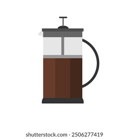 French press coffee maker flat design vector illustration isolated on white background. Coffee brewing method