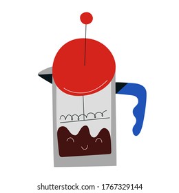 French press coffee maker, glass pot for brewing coffee drink, isolated vector illustration, hand drawn icon