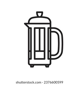 Die französische Pressekonferenzsymbol für Kaffeemaschine. Spezifische Kaffeemaschine mit Becherglas und Kolben. Braukaffee-Konzept. Lineare Illustration, Zeilensymbol, bearbeitbarer Strich.