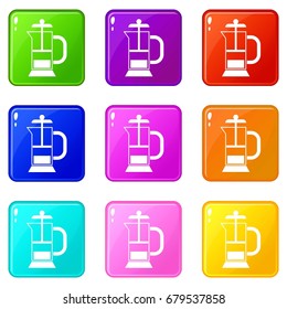 French press coffee maker icons of 9 color set isolated vector illustration