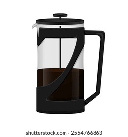 French press coffee maker. Method of brewing coffee and tea. Icon for coffee shops, cafes and restaurants. Vector illustration isolated on white background.