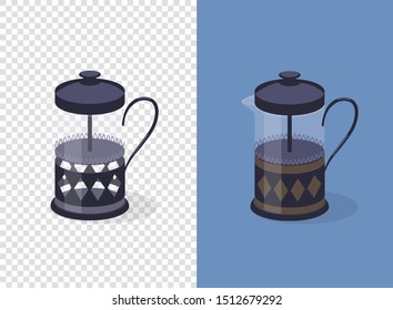 French press coffee maker on transparent and blue background. Empty and full. Flat vector illustration.