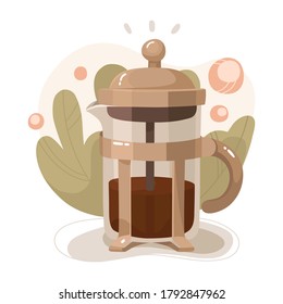 French press coffee maker on abstract background. Leaves and berries, flowing shapes. Vector illustration in flat style. Cozy, warm colors. Breakfast, morning mood. Design for apps, icons, posters. 