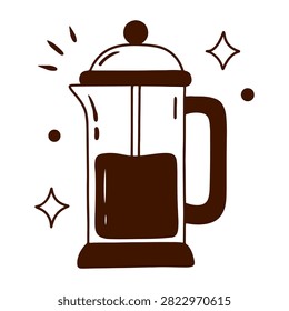 French press coffee maker with sparkle accents on white. A dark brown hand-drawn illustration.