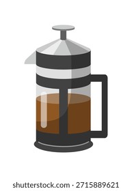 French press, coffee maker, tea pot. Coffee brewing concept, breakfast, coffee break, cafe, coffee house. Stylized flat vector isolated.