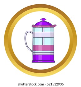 French press coffee maker vector icon in golden circle, cartoon style isolated on white background