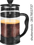 French Press Coffee Maker Watercolor Illustration