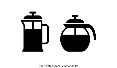 French Press Coffee Makers Black Silhouette Icons On Transparent Background plunger pot