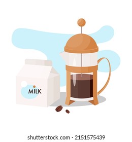 French press coffee with milk. Coffee vector illustration in flat cartoon style.