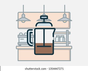 French press. Coffee shop elements. Filled outline icon set.