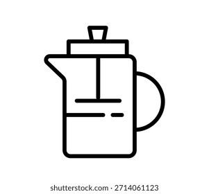 Prensa francesa, icono de cafetera o tetera, ilustración de contorno negro plano de Vector
