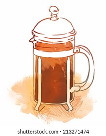 French press with coffee or tea, watercolor illustration in vector