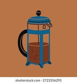 Prensa francesa para el café. Estilo de moda único. Icono de café para menús, cafetería, cafetería, restaurante. Ilustración vectorial moderna dibujada a mano. Elemento de diseño aislado. Etiqueta engomada, logotipo, Plantilla de la impresión 