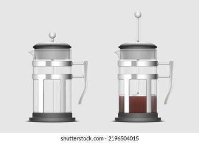 French press coffeemaker glass teapot full with coffee or tea beverage and empty realistic isolated. Transparent jug cup for drink preparation. 3d vector illustration