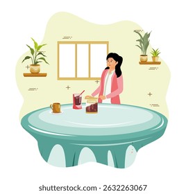 French Press concept.  Young Smiling Woman Standing In Kitchen Interior, Holding French Press And Pouring Caffeine Drink To Cup.