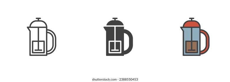 Französische Presse verschiedene Stil Symbol Set. Linie, Glyph und gefüllte Umrissversion, Umriss und ausgefülltes Vektorzeichen. Kaffeemaschinensymbol, Logo-Abbildung. Vektorgrafik