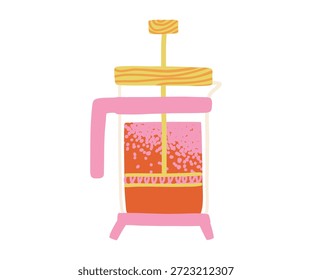 Prensa francesa dibujada a mano. Ilustración texturizada de platos, cocina, comida, té para el desayuno.