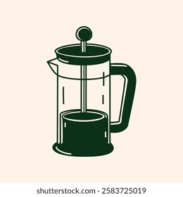 A French press filled with freshly brewed coffee, hand drawn style