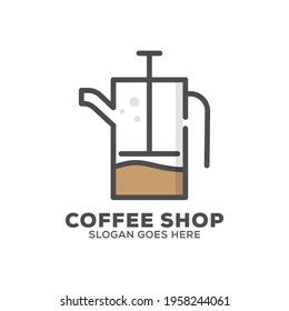 French press flat design logo vector illustration, coffee shop icon with outline style