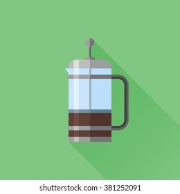 French press flat icon with long shadow on green background. Coffee maker. Vector illustration.