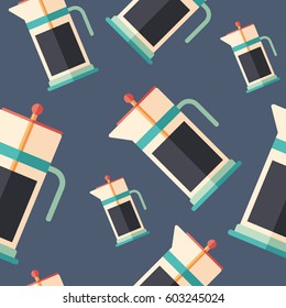French press with fragrant coffee flat icon seamless pattern.