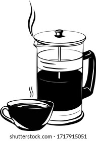 French press with fresh, hot coffee and a cup of coffee with steam streams