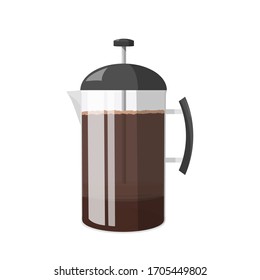 French press full of coffee. Realistic vector illustration isolated on white background.