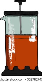 French press fulled of black tea on white background. Cartoon sketch drawn by ink. Hand drawn vector illustration.