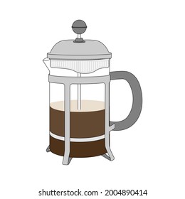 French press - geometrical illustration of alternative coffee brewing tool. Simple illustration with thin black outline. Isolated on white.