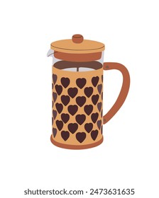 Französische Presse, Kaffeekanne aus Glas. Cafeteria, Kaffeemaschine mit Kolben. Küchengerät, französischer Bügelpresse zum Herstellen, Kaffee-Getränk brauen, Tee Getränk. Flache Vektorillustration isoliert auf weißem Hintergrund