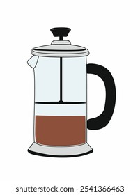 Französische Presse, Glaskaffeekanne. Cafeteria, Kaffeemaschine mit Kolben. Küchengerät, Französische Presse zum Herstellen, Kaffeegetränk zum Brühen, Teegetränk. Flache Vektorgrafik einzeln auf weißem Hintergrund