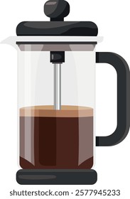 French press, glass coffee pot. Vector clipart illustration on isolated background.