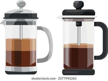 French press, glass coffee pot. Vector clipart illustration on isolated background.