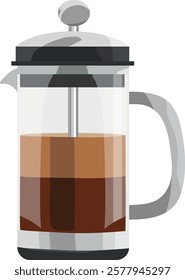 French press, glass coffee pot. Vector clipart illustration on isolated background.