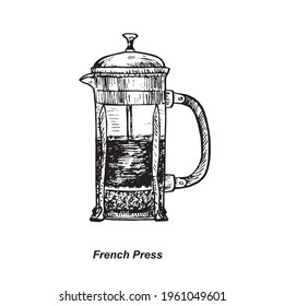 French Press, gravure style ink drawing illustration with handwritten inscription