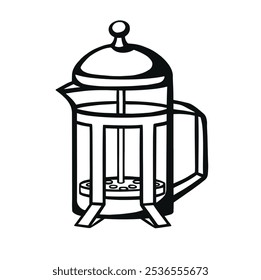 Doodle dibujado a mano por la prensa francesa. Aparato para preparar café y té. Hervidor de agua de cristal para hacer bebidas calientes. Equipo de cocina del hogar. Herramienta de cocción. Vector boceto línea ilustración de arte.