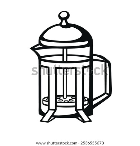French press hand drawn doodle. Appliance for brewing coffee and tea. Glass kettle for making hot drinks. Household kitchen equipment. Cooking tool. Vector sketch line art illustration.