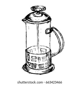 French press. Hand drawn sketch vector illustration on white background. Black & white.