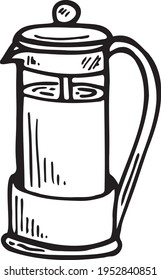 French Press hand drawn vector doodle illustration. Cartoon pot. Isolated on white background. Coffee time. Hand drawn simple element