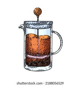 french press hand drawn vector. coffee cafe making, maker glass, hot cup french press sketch. isolated color illustration