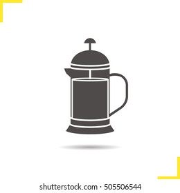 French press icon. Drop shadow silhouette symbol. Brewing tea pot. Negative space. Vector isolated illustration