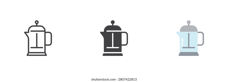 French press icon shown in line, solid and flat style with color and colorful versions. French press icon vector sign and symbol for coffee brewing design.