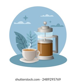 Französische Presse Illustration. Tasse, Untertasse, Kaffee, Geschirr, Dampf. Editierbares Vektorgrafik-Grafikdesign.