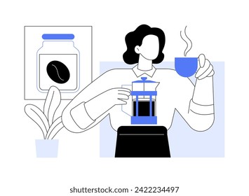 French press isolated cartoon vector illustrations. Smiling girl making French press coffee in the morning, home kitchen appliances, aromatic coffee prepation, cup of latte vector cartoon.