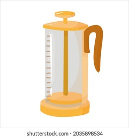 French press made of glass and metal in a cartoon style. Kitchenware. The aesthetics of coffee. Vector illustration isolated on white background.