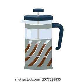 French press maker, glass coffee pot. Flat vector illustration of glass coffeemaker with piston for americano or tea beverage. Elegant kitchen device design for website, banner or merchandise product